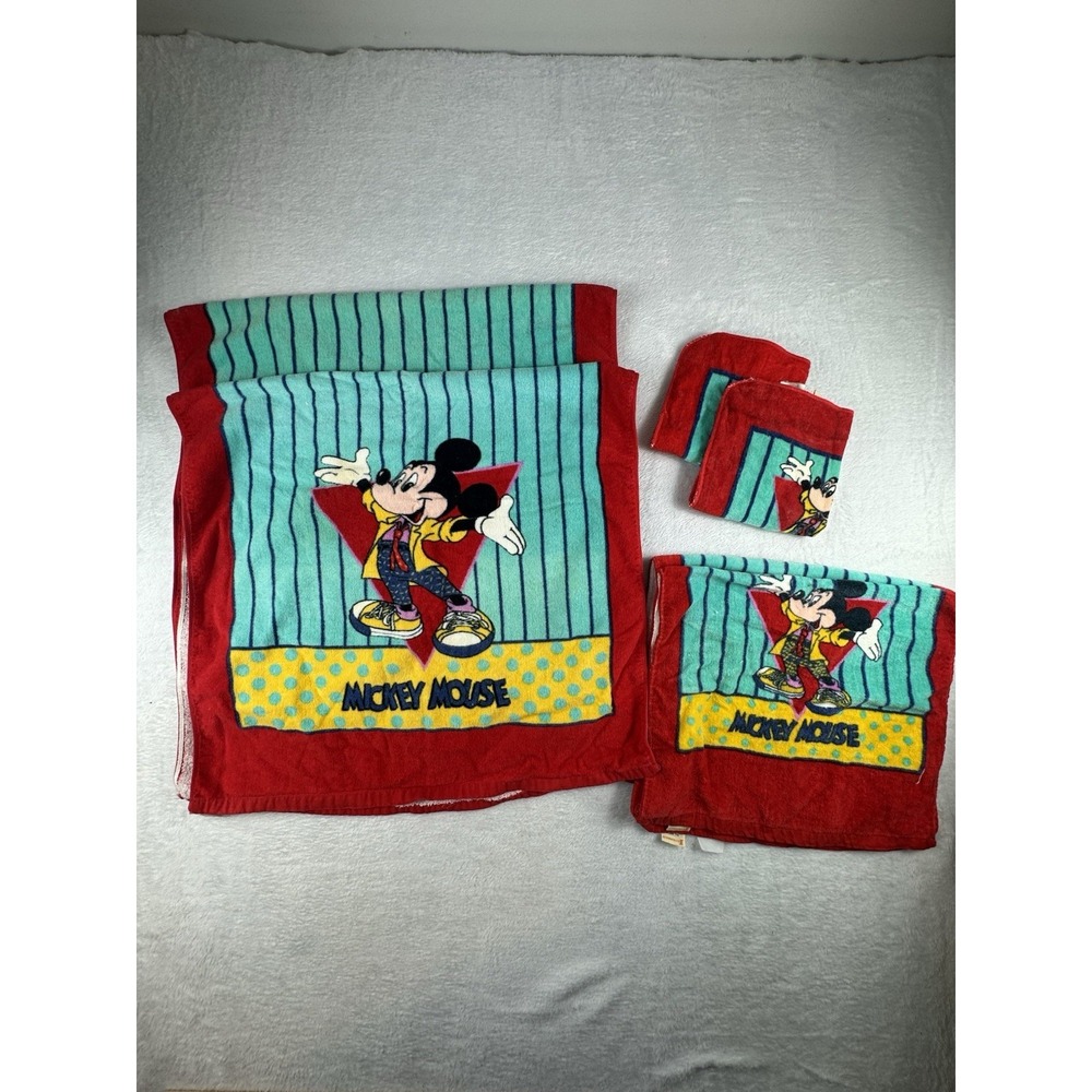 Vintage‎ Mickey Mouse Disney Bath Towel Set Franco Hand Towel & Wash Rag 6 Piece